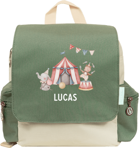 Vrolijke rugtas Adventure met circus thema en naam