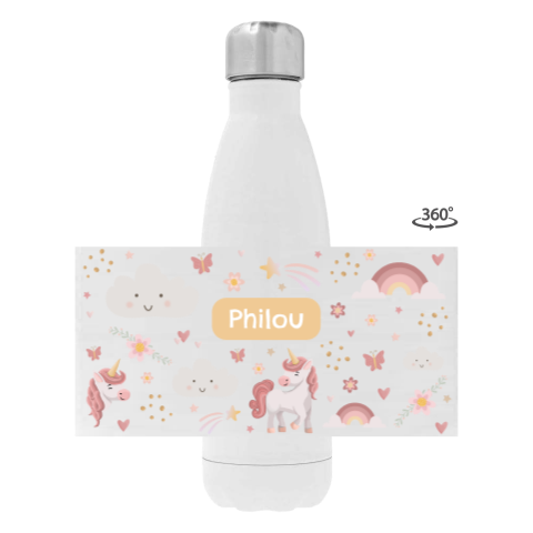 Drinkfles RVS met naam, eenhoorn en regenboogje