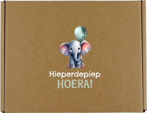 Feestelijke cadeaudoos van kraft met olifantje, ballon en tekst