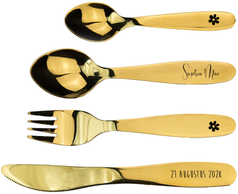 Mooi kinderbestek met naam, datum en bloemetjes