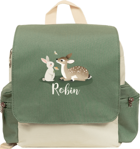 Lieve rugtas Adventure met lieve bosdieren en naam