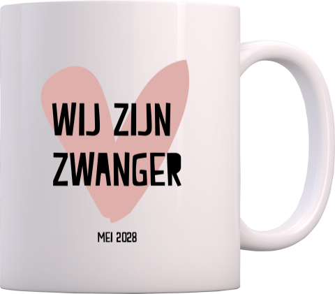 Mok met zwangerschapsaankondiging met hart en tekst 'wij zijn zwanger'
