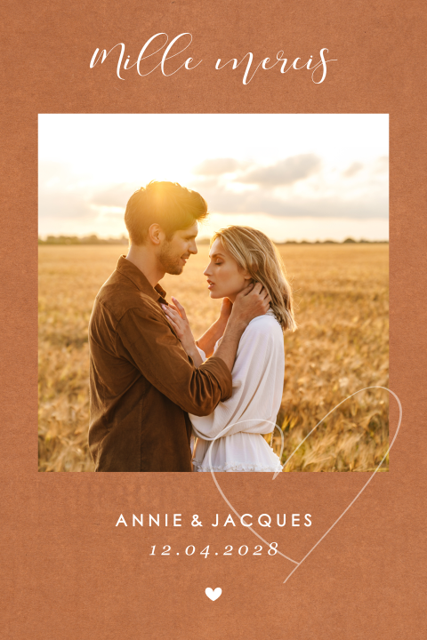 Carte de remerciement vintage avec un cœur discret et une photo