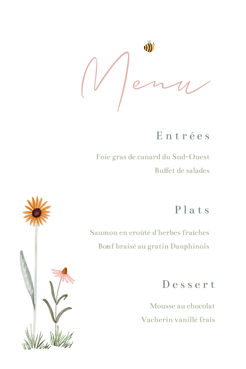 Carte de menu pour le baptême avec des fleurs et une abeille
