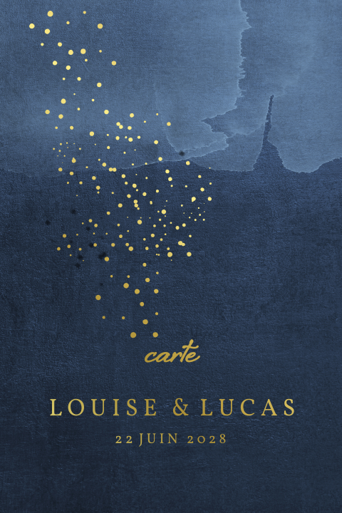 Menu avec un aspect aquarelle bleu foncé et ornementations dorées