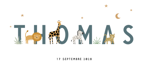 Faire-part de naissance avec animaux de la jungle et bleu pétrole