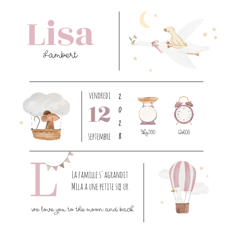 Faire-part de naissance fille avec de jolies illustrations d'animaux