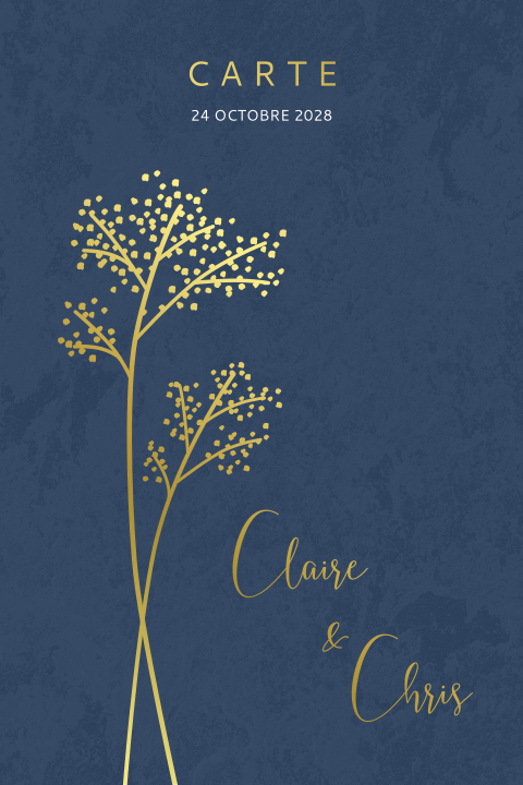 Carte de menu avec des branches dorés sur un fond bleu foncé