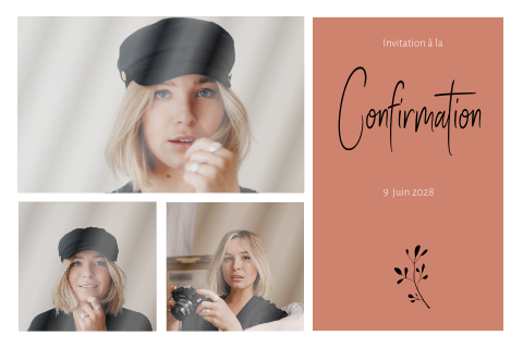 Faire-part de confirmation moderne avec trois photos et petite branche