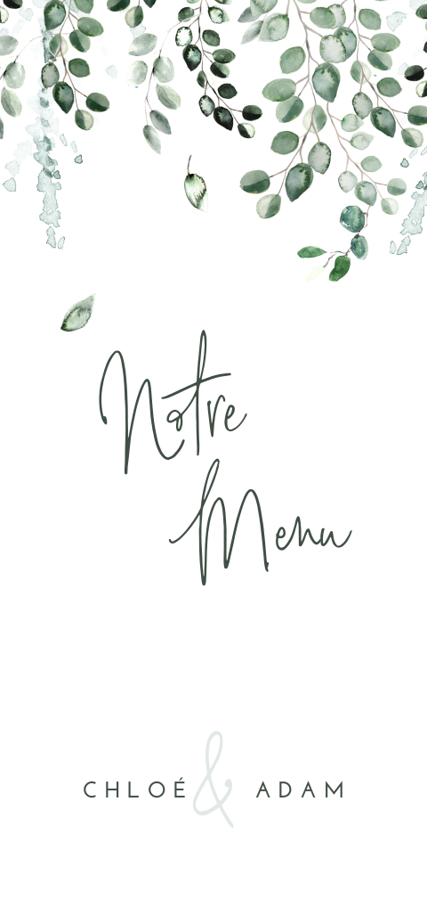 Carte de menu élégante avec des branches vertes suspendues