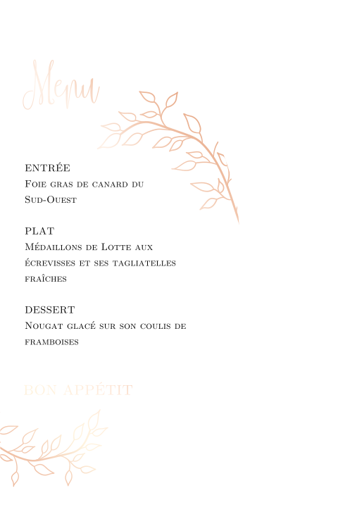 Carte de menu en demi-cercle avec feuilles en or rosé