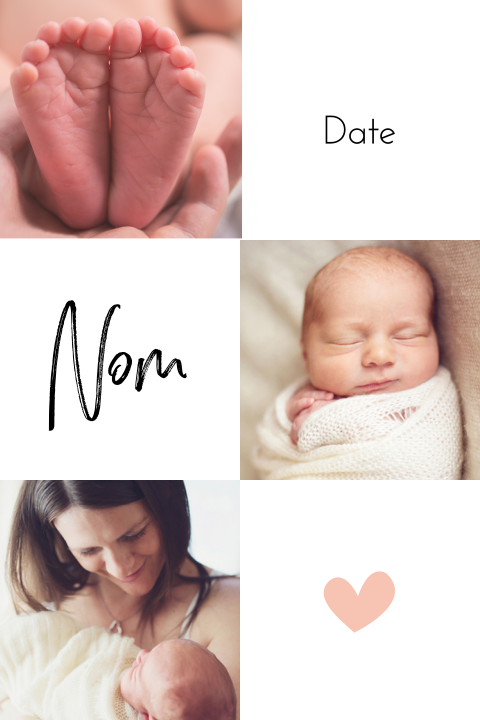 Faire-part de naissance avec trois images et des cœurs - Fille