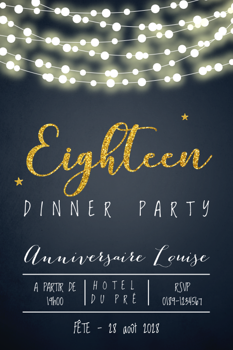 Carte d'invitation pour le 18e anniversaire avec guirlandes lumineuses