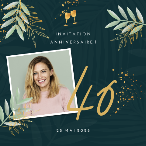 Invitation moderne pour les 40 ans avec des feuillages verts et dorés
