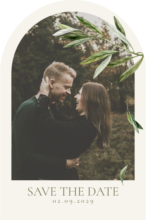 Carte save the date avec fond beige et branches d'olivier