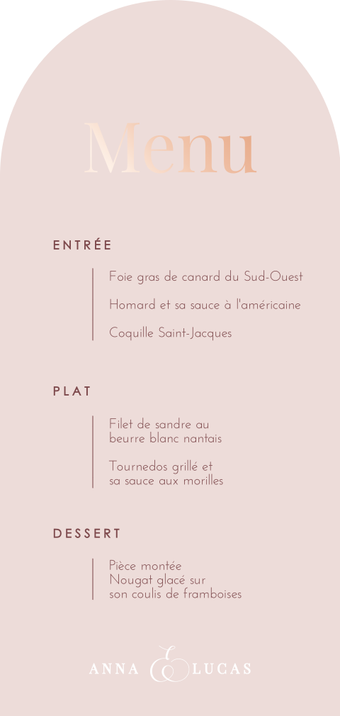 Menu élégant dans une forme spéciale avec une écriture délicate