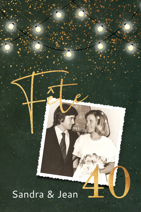 Invitation noces d'emeraude avec photo et guirlandes lumineuses