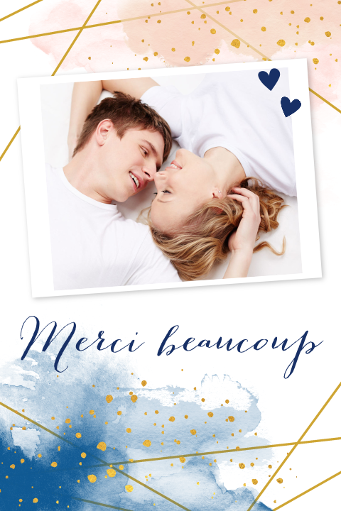 Carte de remerciement avec photo et aquarelle rose et bleu