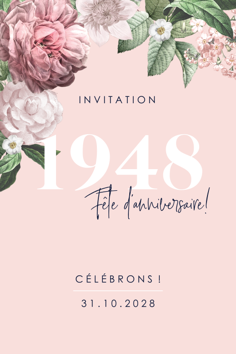 Invitation romantique pour les 80 ans avec des fleurs sur fond rose