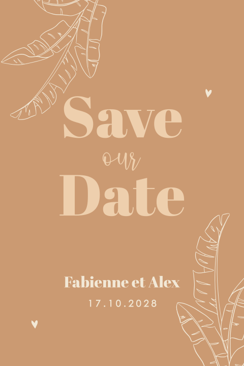 Save the date en bois véritable avec des feuilles