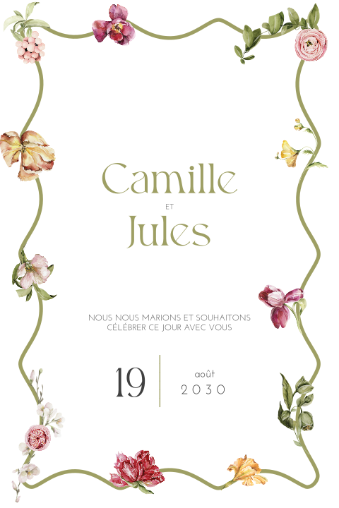 Faire-part de mariage fleuri avec bordure ondulée