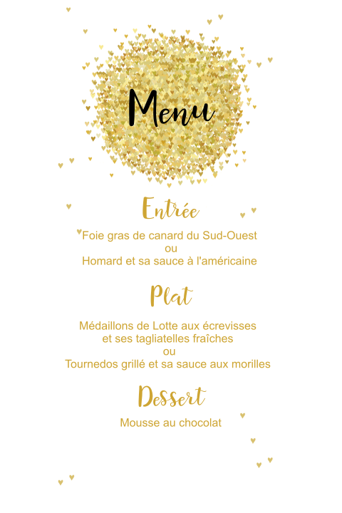 Menu de communion avec une boule de coeurs jaune-or