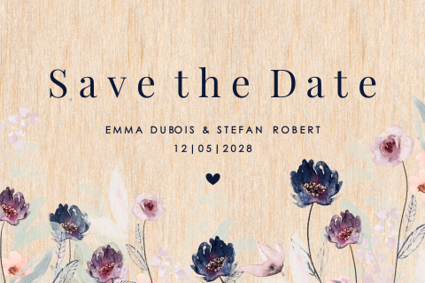Save the date élégante en bois avec des fleurs à l'aquarelle