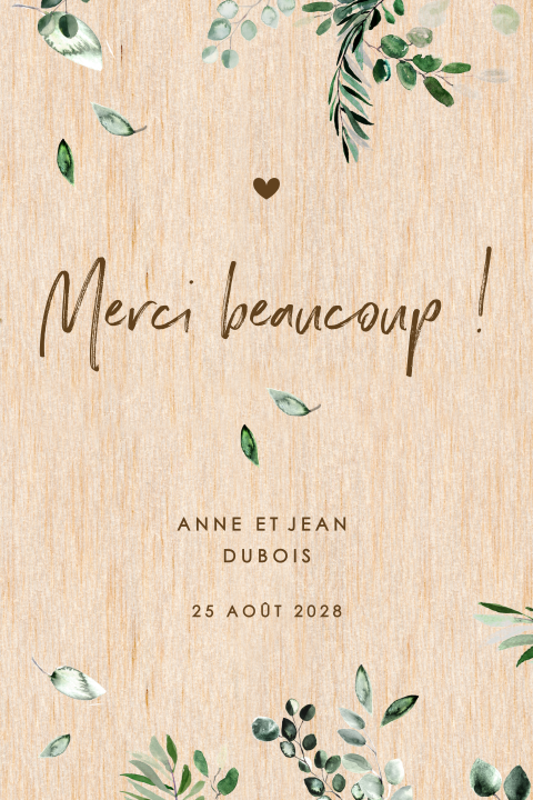 Carte de remerciement en bois avec des feuilles d'aquarelle