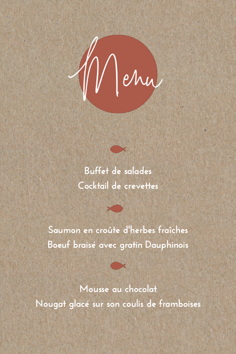 Carte de menu pour le baptême sur du papier kraft avec des poissons