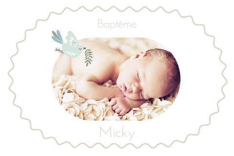 Faire-part de baptême tendance ovale avec photo et colombe