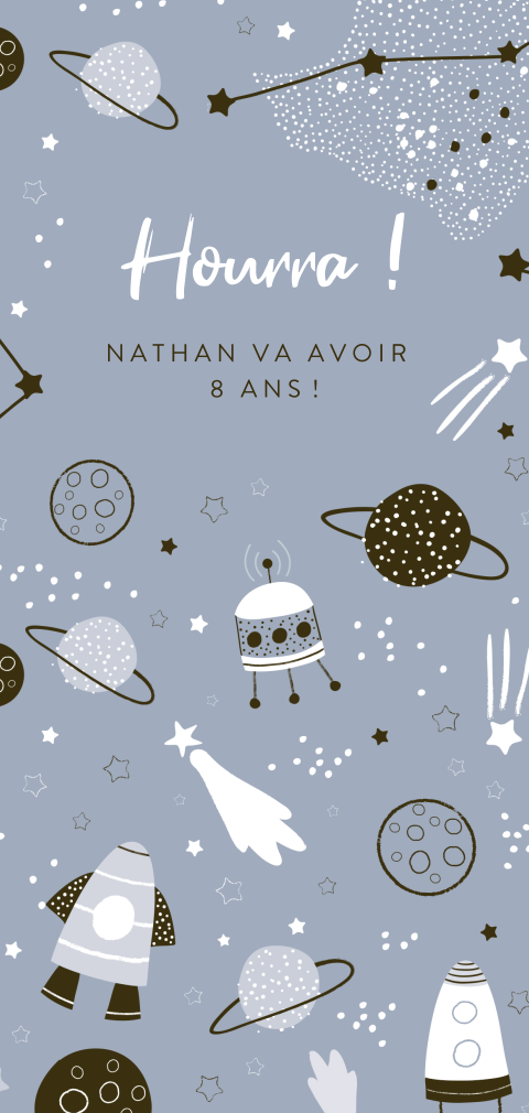 Carte d'invitation pour le 8e anniversaire à thème spatial