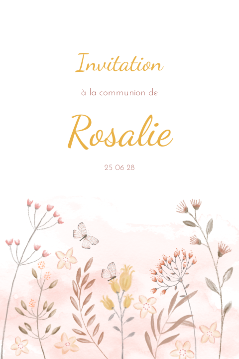 Faire-part de communion avec fleurs dessinées en rose et jaune