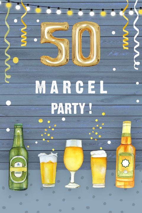 Carte d'invitation joyeuse avec boissons, ballons et guirlandes.