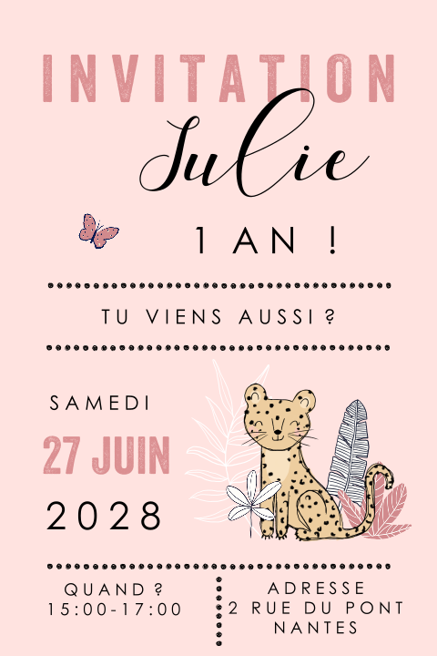 Invitation adorable pour l'anniversaire avec un léopard sur fond rose