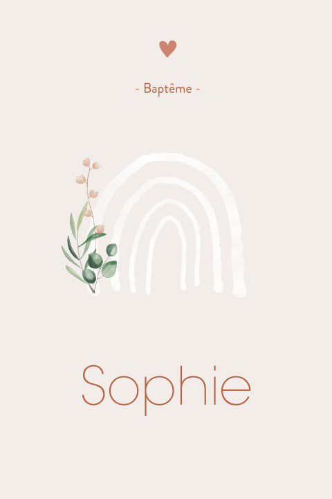 Faire-part de baptême avec arc-en-ciel, feuillage et cœur