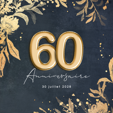 Invitation d'anniversaire 60 ans avec fleurs et chiffres en ballon
