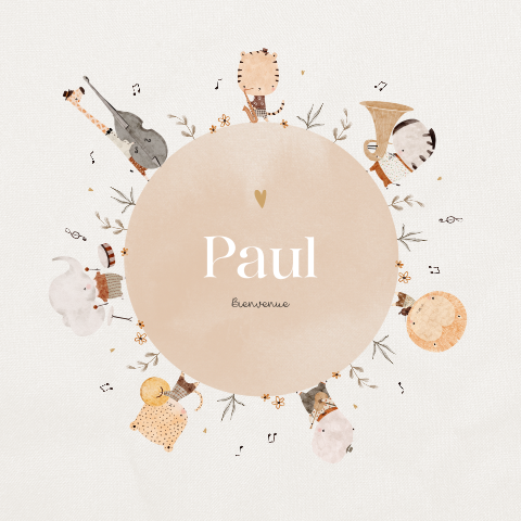 Faire part de naissance avec animaux et instruments de musique