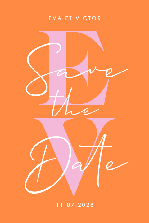 Carte save the date avec initiales en rose sur orange