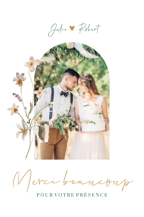 Carte de remerciement avec photo et fleurs de champs aquarelles