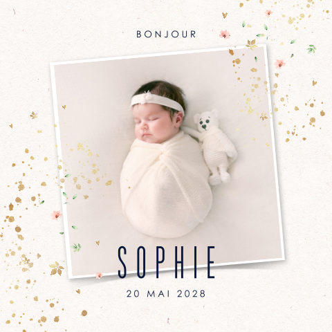 Faire-part de naissance avec photo, paillettes et fleurs