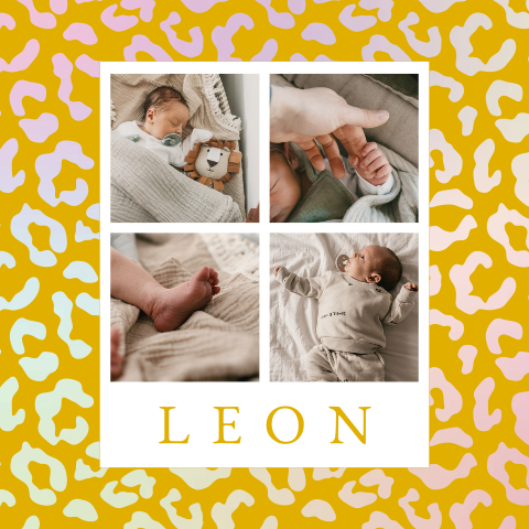 Faire-part de naissance avec photos et un fond holographique.