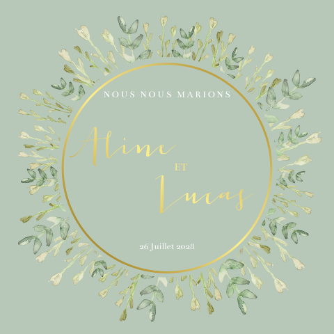 Faire-part original avec feuilles et cercle doré