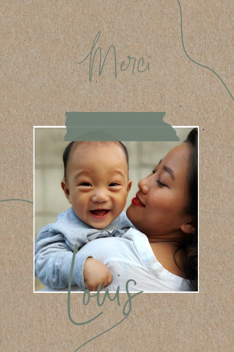 Carte de remerciement avec aspect kraft, lignes vertes et photo
