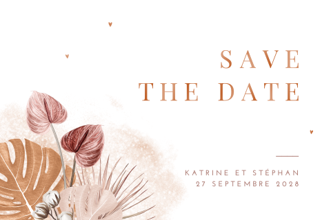 Save the date avec texte et cœur en vernis et feuillages