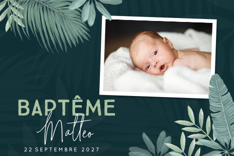 Faire-part de baptême botanique avec des feuillages et une photo