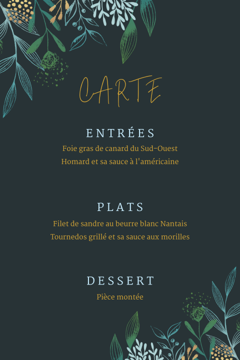 Menu élégant avec des branches sur un fond sombre