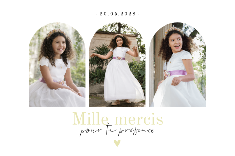 Carte remerciement avec feuillage et photos