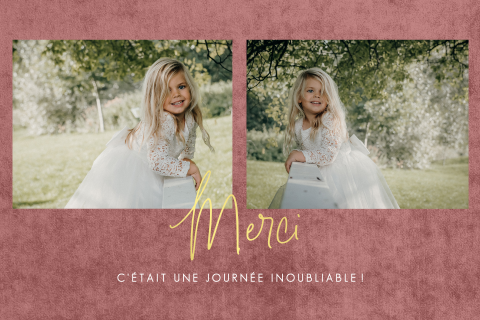 Carte remerciement avec fond rose, dorure et photos