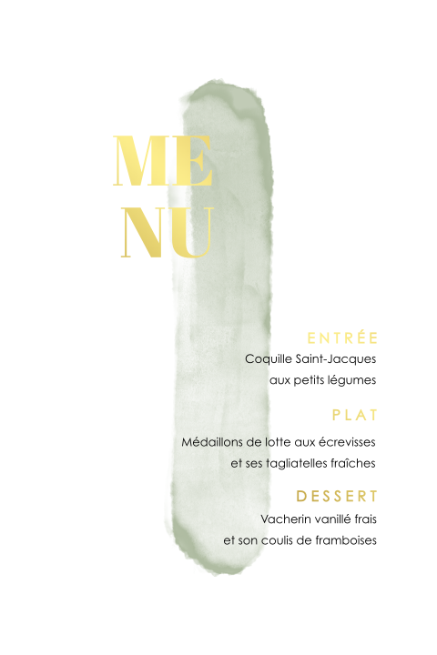 Menu avec trait aquarelle vert et dorures