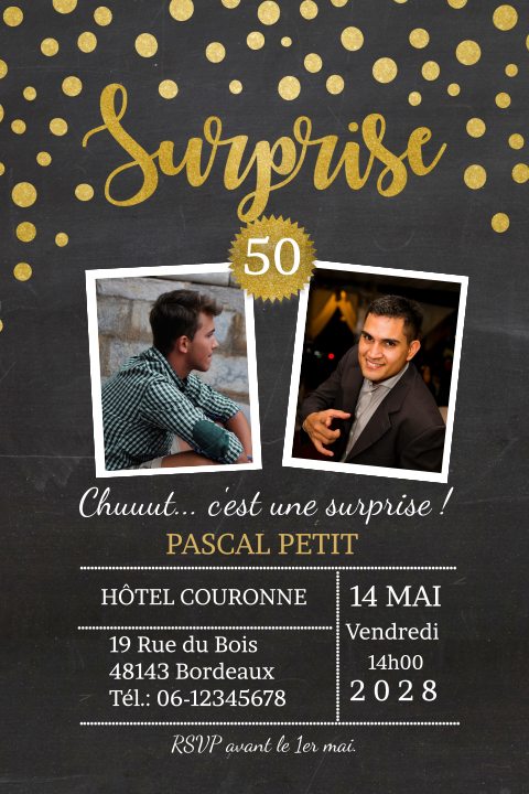 Carte d'invitation élégante pour une surprise party avec photos